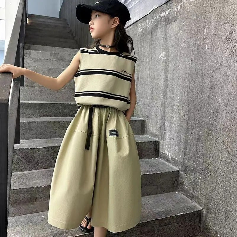 Girls’ Summer 2024 Striped Culottes Two-Piece Set