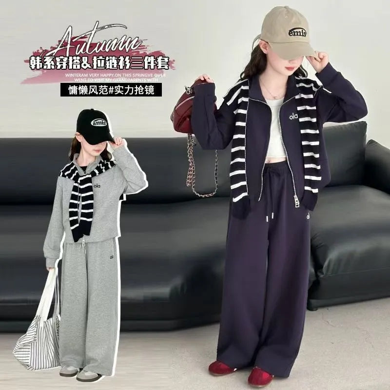 Girls’ Autumn 2025 Striped Shawl Jacket Two-Piece Set