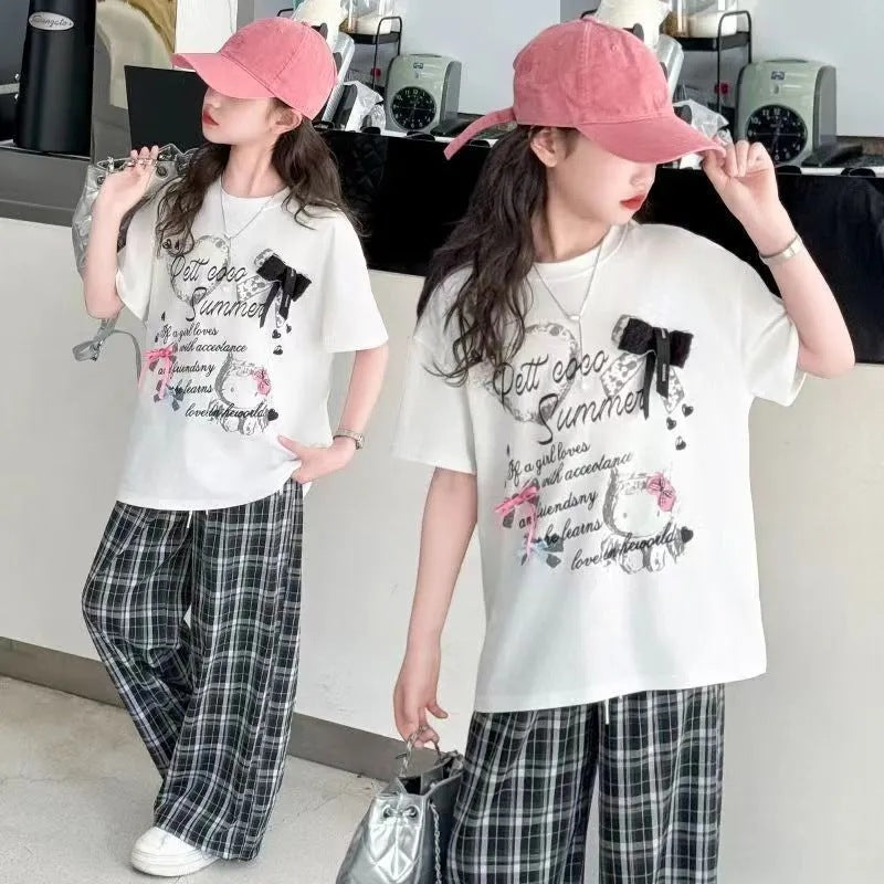 Girls’ Summer 2025 Korean-Style Plaid Two-Piece Set