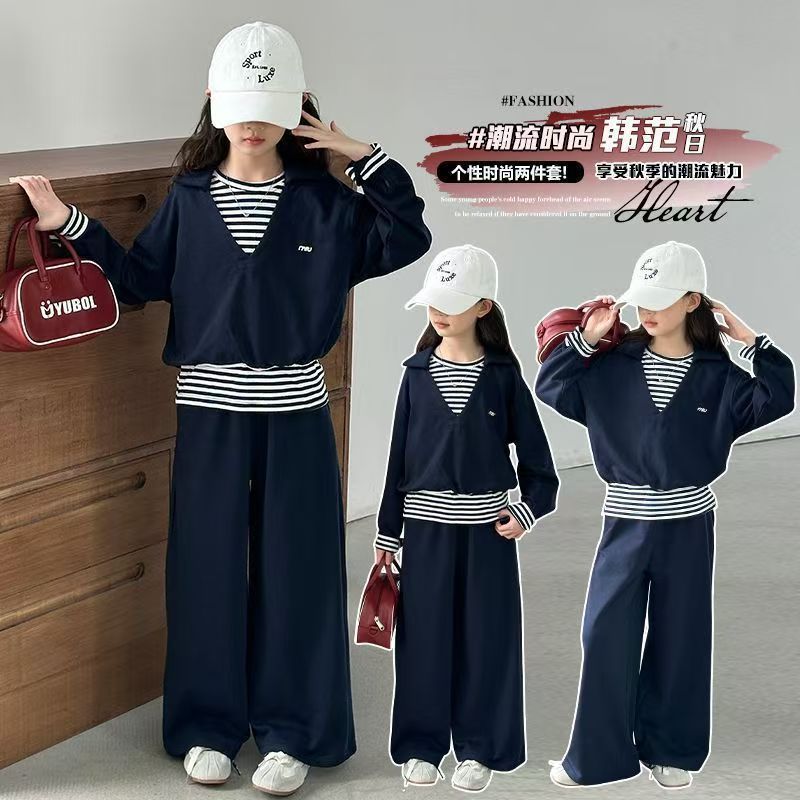 Girls’ Autumn 2025 Striped Fake Two-Piece Set