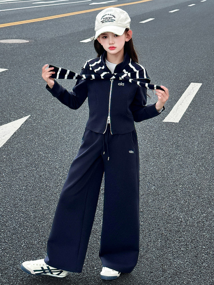 Girls’ Korean-Style Striped Shawl Two-Piece Set