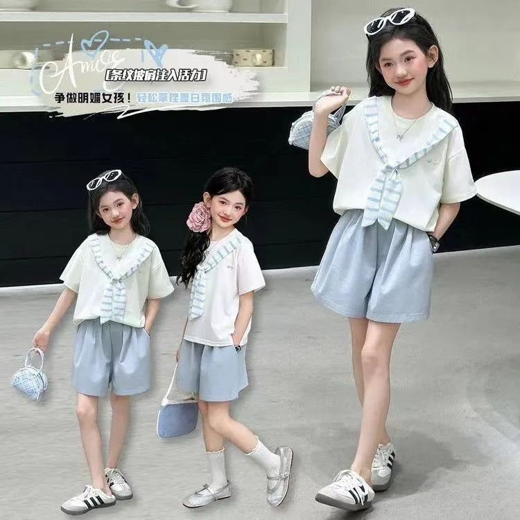 Girls’ Summer 2025 Korean-Style Shorts Two-Piece Set