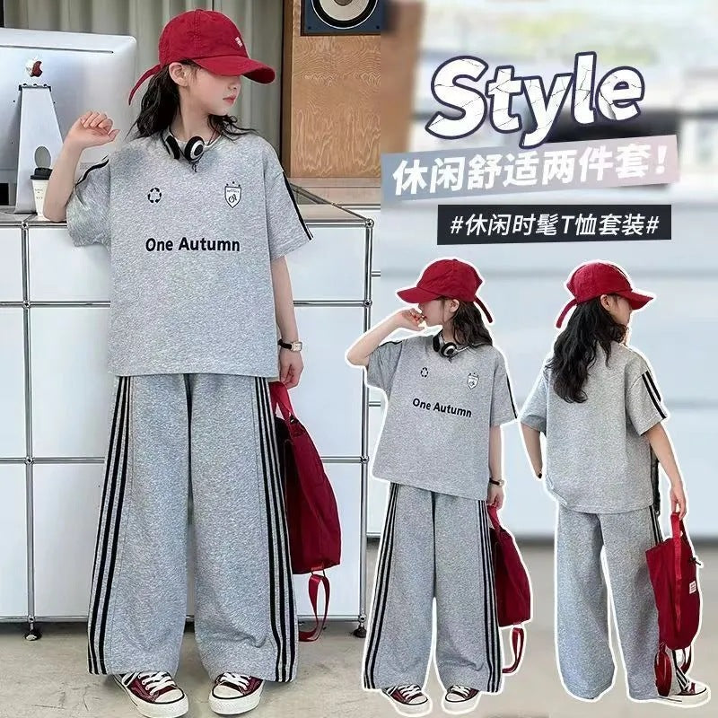 Girls’ Summer 2025 Short-Sleeved Sports Two-Piece Set