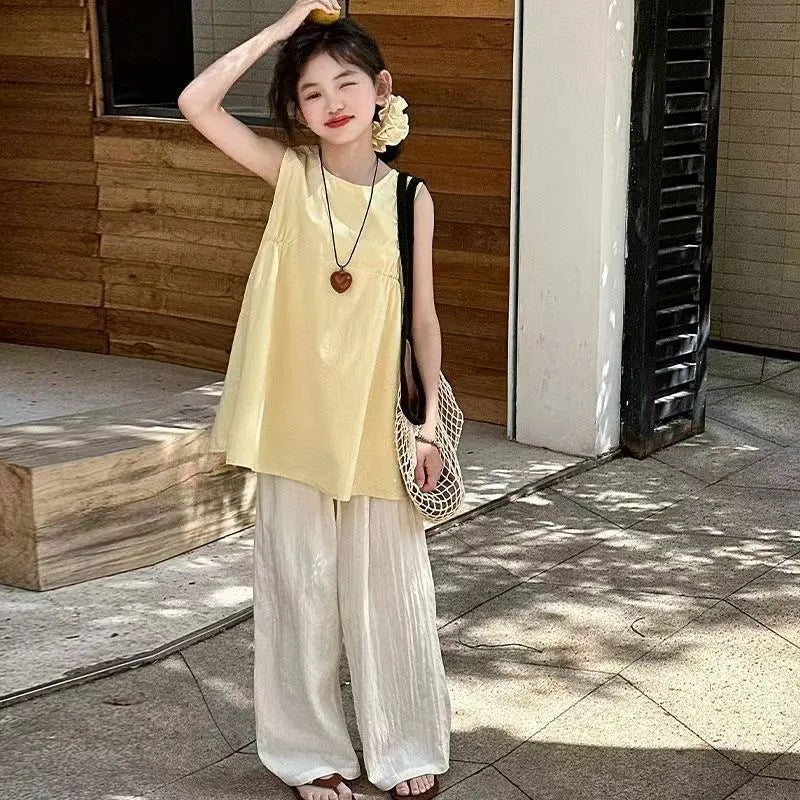 Girls' Vest Set Summer 2025 New Children's Summer Outfit Korean Style Trendy and Stylish Big Kids Wide-Leg Pants Two-Piece Set