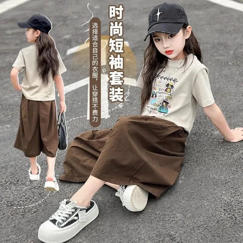 Girls Summer 2025 Two-Piece Wide-Leg Fashion Set