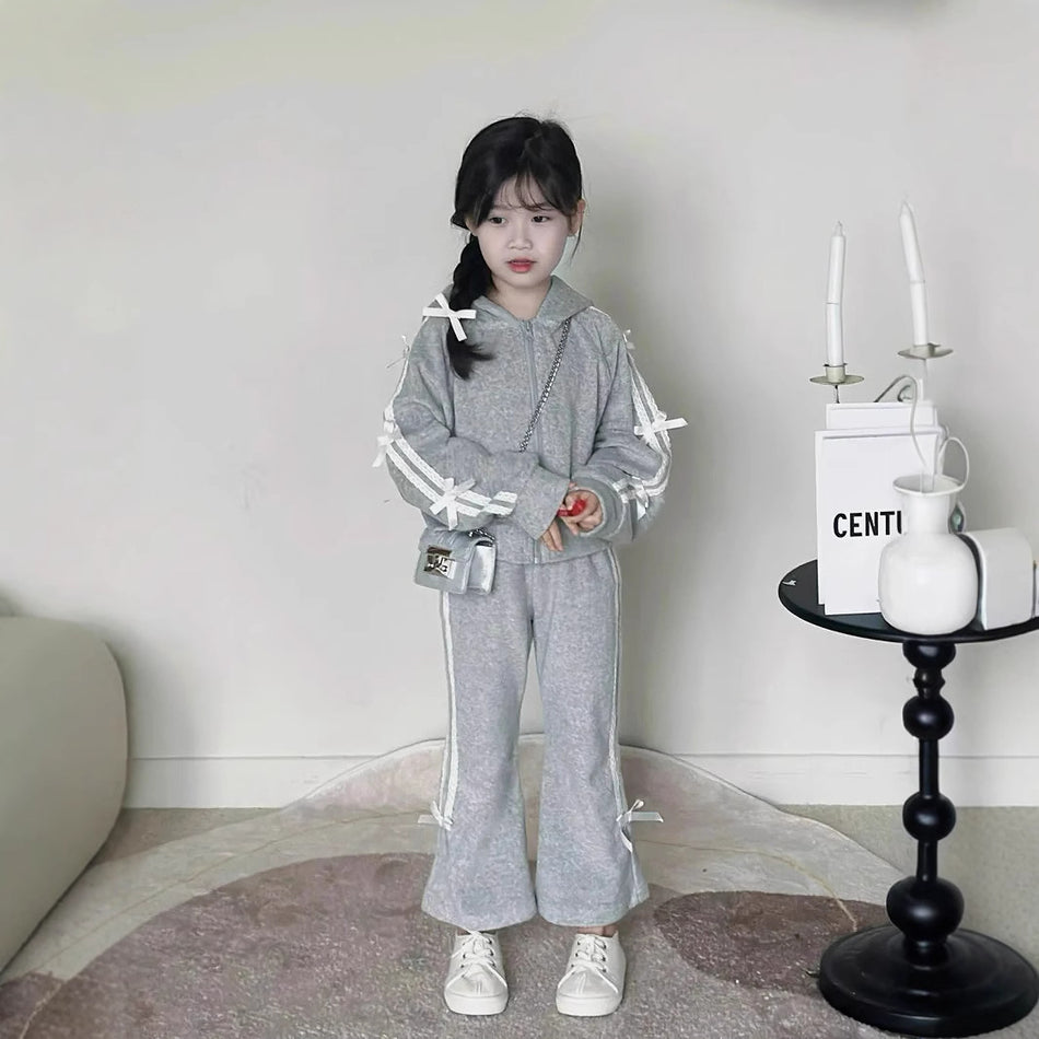 Kids 2025 Autumn Gray Hooded Sweater & Flared Pants