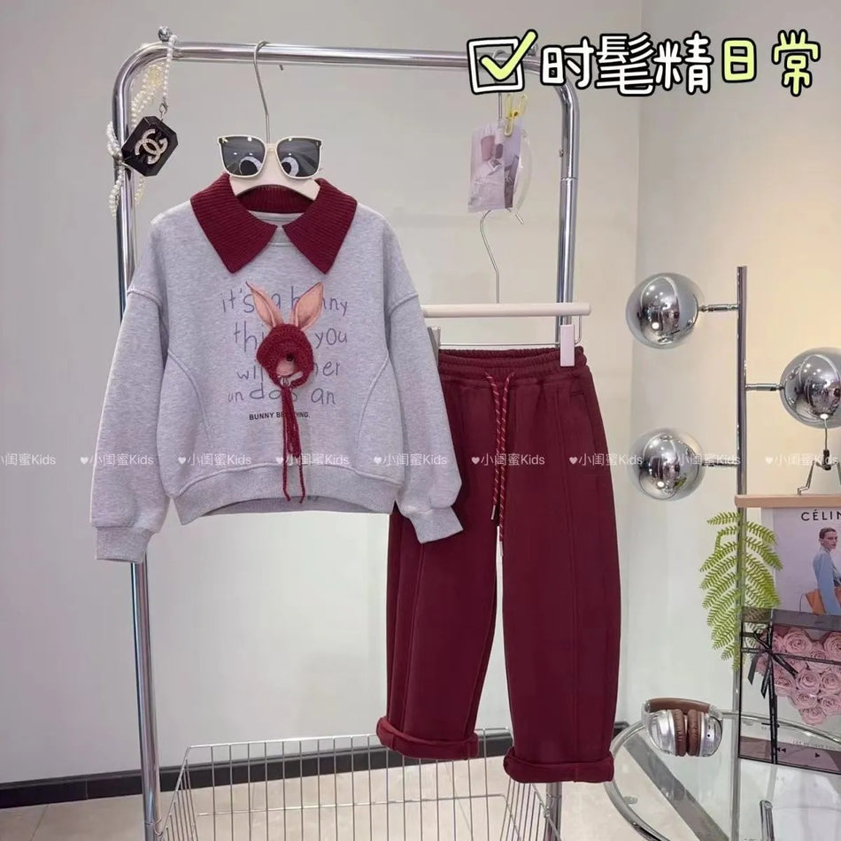 Girls 2024 Autumn-Winter Fleece Two-Piece Set