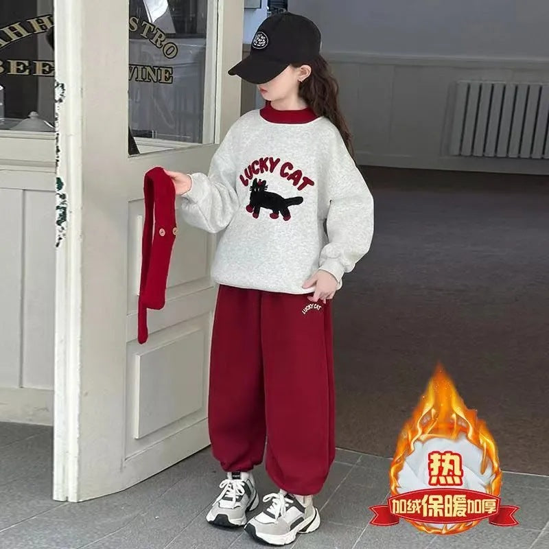 Girls 2024 Fleece-Lined Autumn-Winter Two-Piece Set