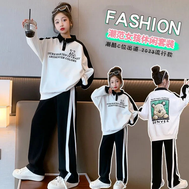 Girls 2024 Spring-Autumn Polo & Wide-Leg Pants Set