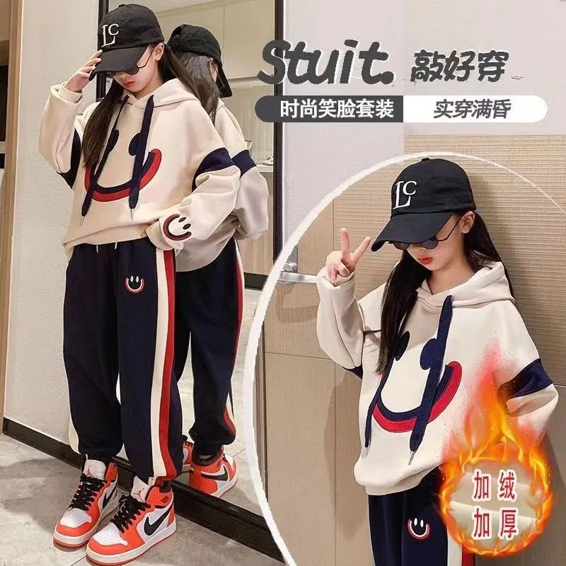 Girls 2024 Autumn-Winter Fleece Sweat Two-Piece Set