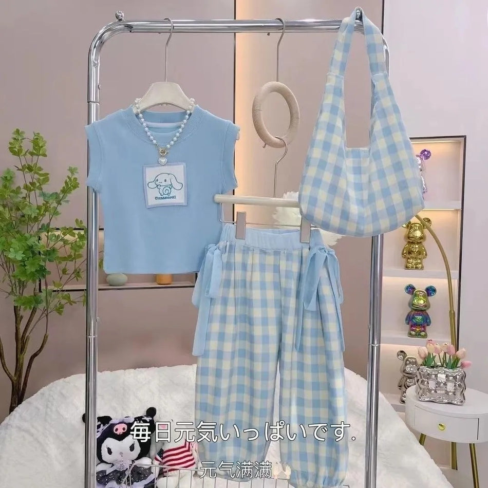 Girls 2024 Summer Sleeveless Ice Silk Plaid Set