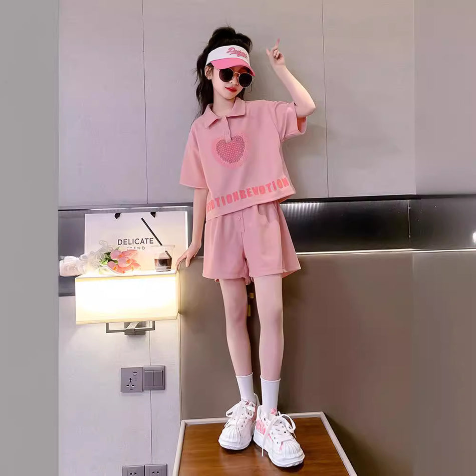 Girls 2024 Summer Polo Collar Two-Piece Set