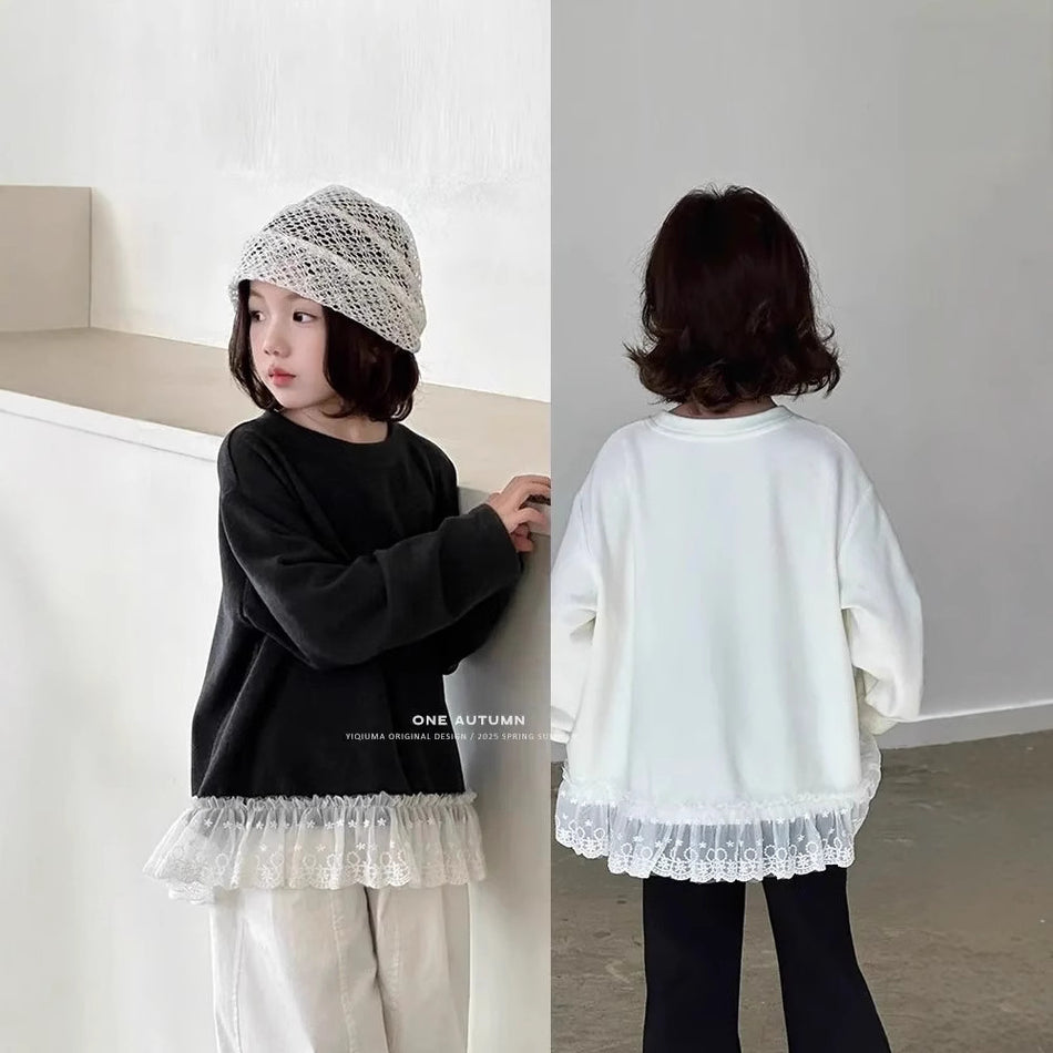 Girls 2025 Spring Lace-Trim Loose T-Shirt Top