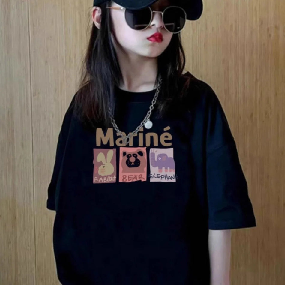 Girls 2024 Summer Cotton Short-Sleeved Loose Top