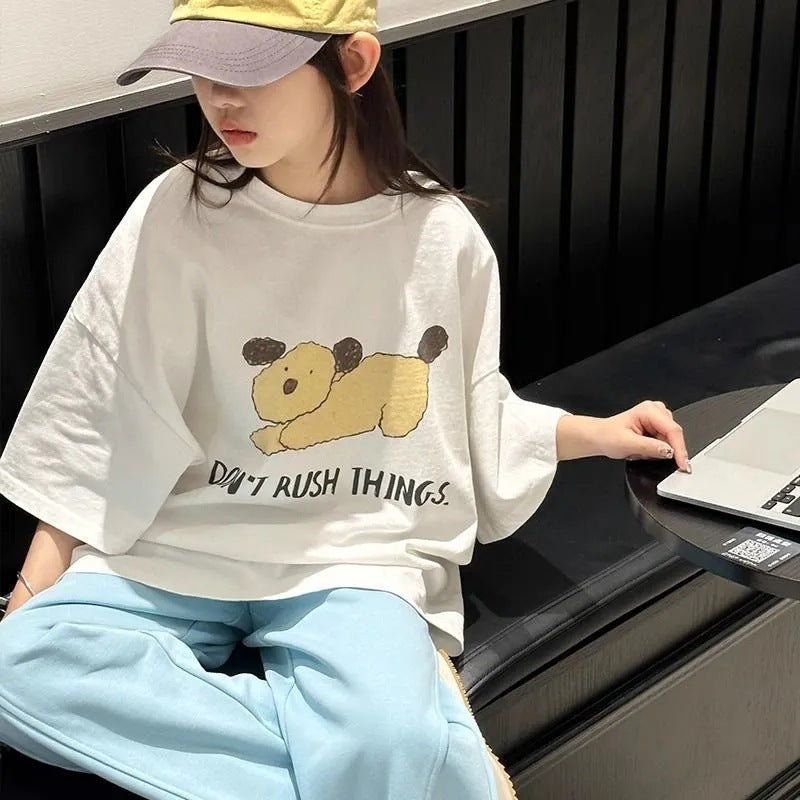 Girls 2025 Summer Cartoon Cotton Short-Sleeve Top