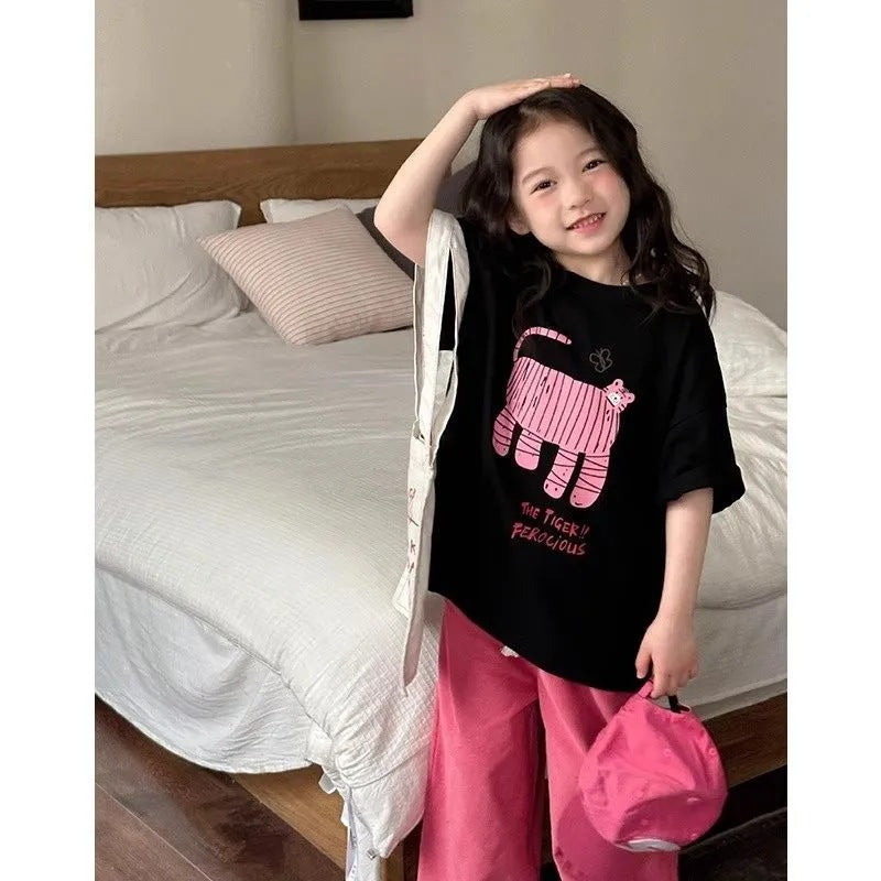 Girls 2025 Summer Cartoon Cotton Loose T-Shirt