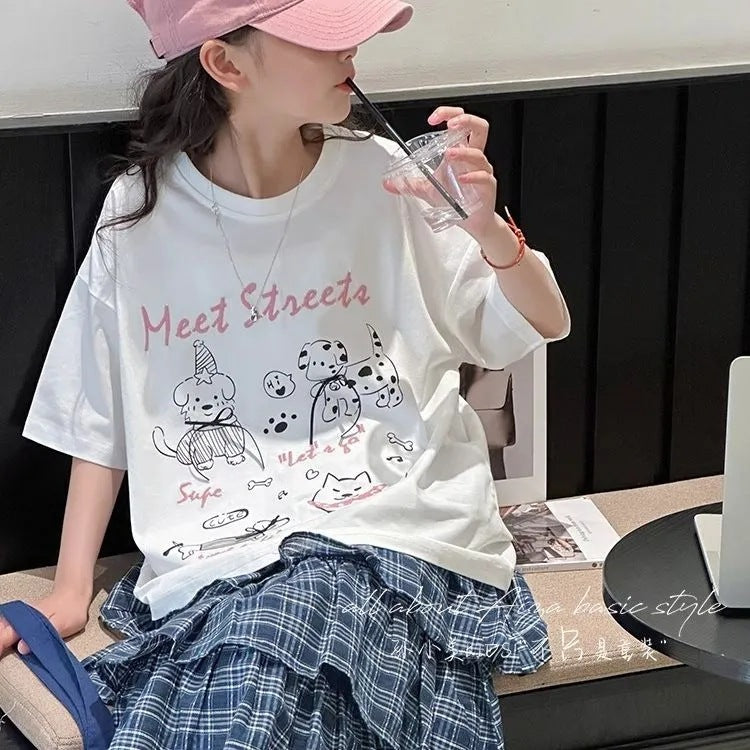 Girls 2025 Korean-Style Cartoon Summer T-Shirt