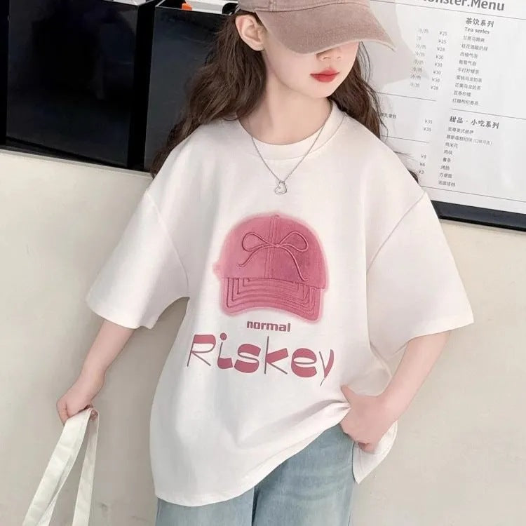 Girls 2025 Summer Cotton Printed Half-Sleeve Top