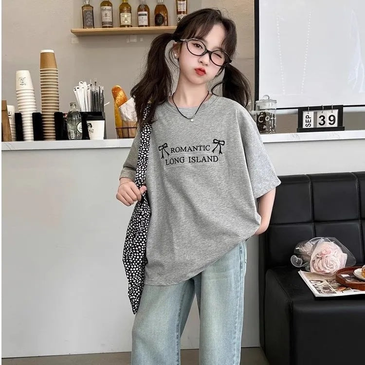 Girls 2025 Summer Cotton Short-Sleeved Loose Top