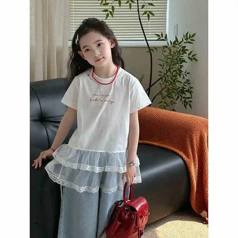 Girls 2025 Summer Mesh Splicing Short-Sleeve Top