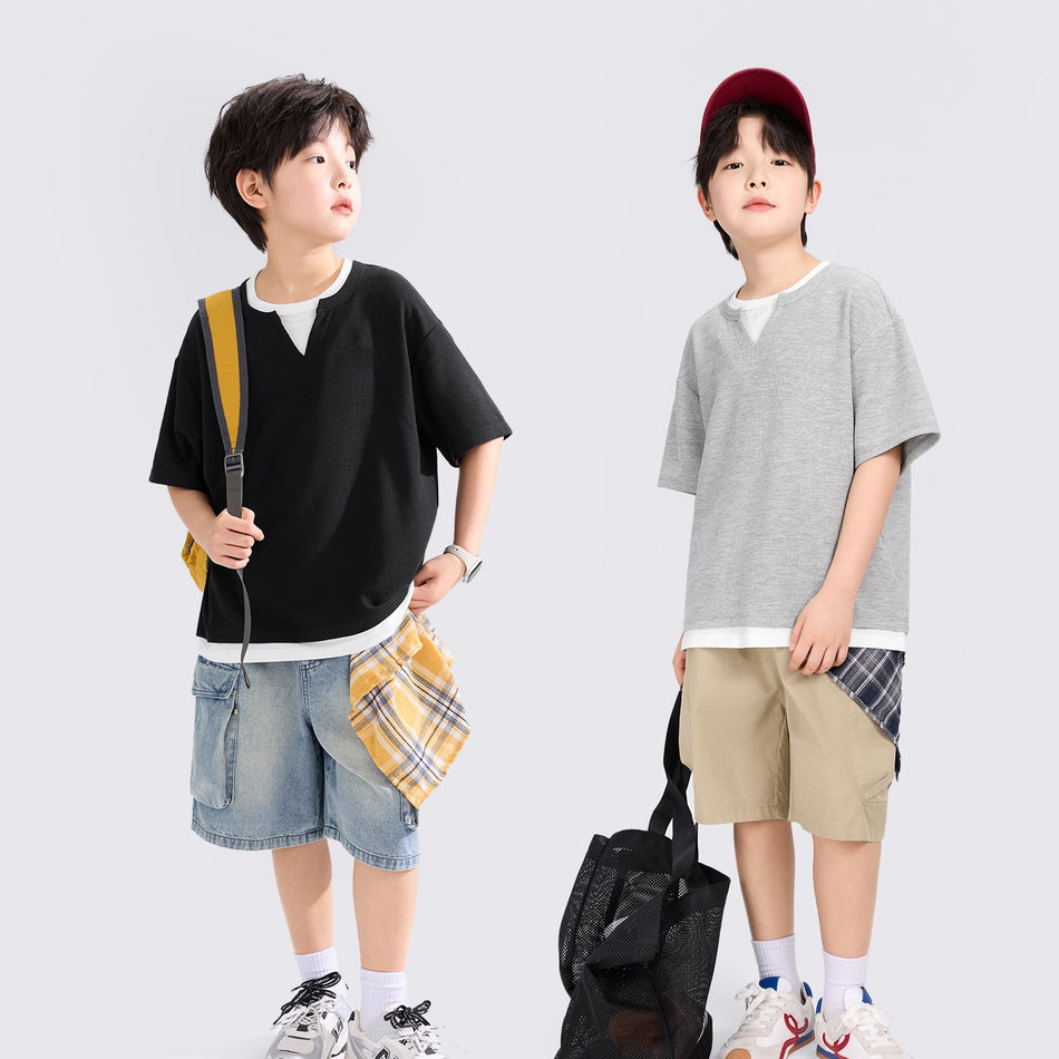 Boys’ Waffle T-Shirt 2026 – Fake Two-Piece Half Sleeve