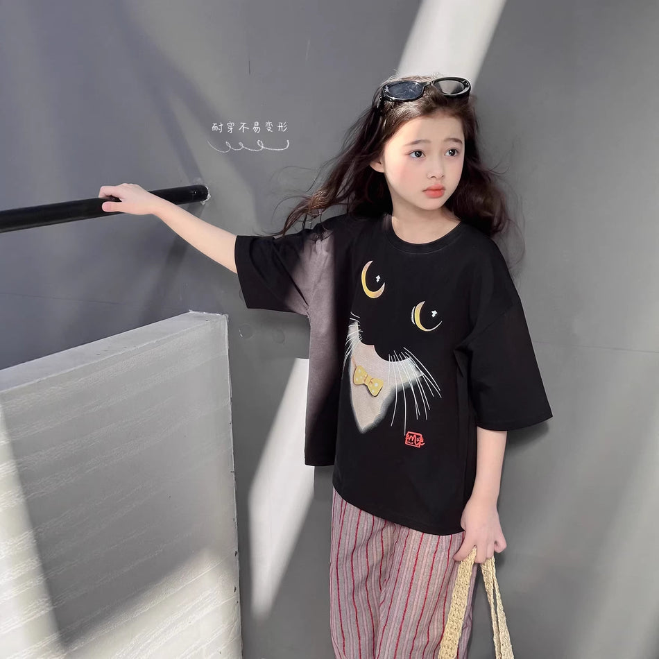 Girls’ Cat Cotton T-Shirt – Trendy Korean Summer Top