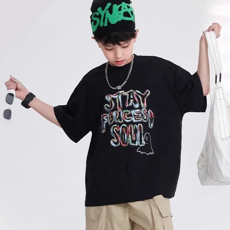 Boys’ Summer Graffiti T-Shirt 2025 – Trendy Loose Top