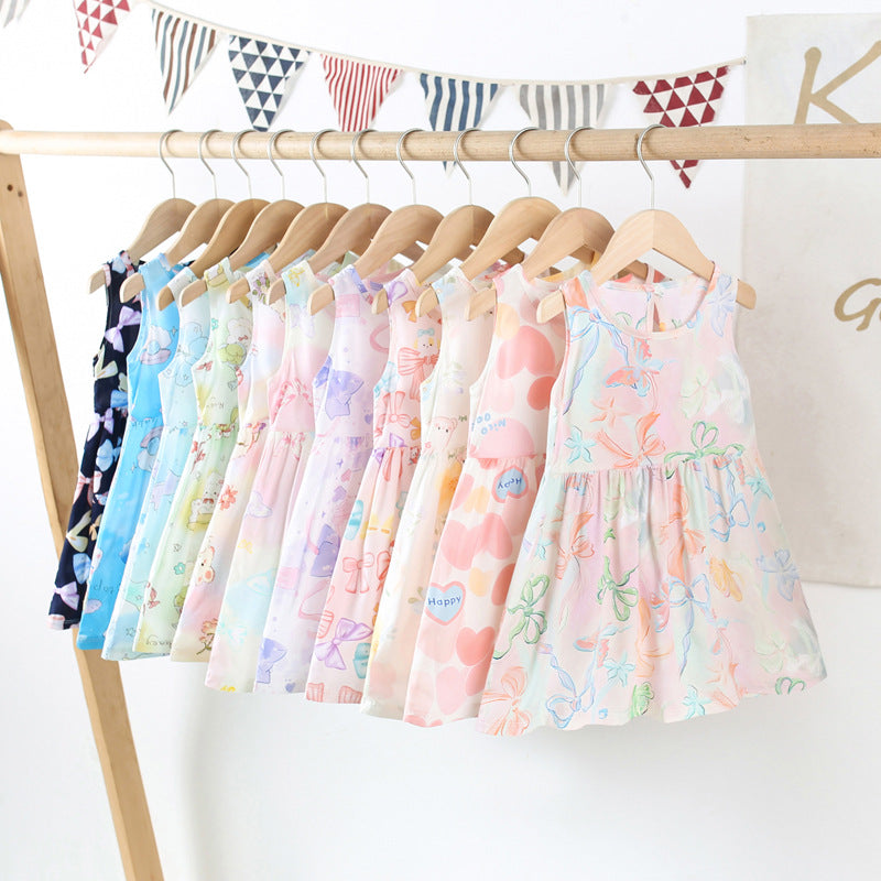 Girls Summer 2025 Floral Sling Cotton Silk Dress Skirt