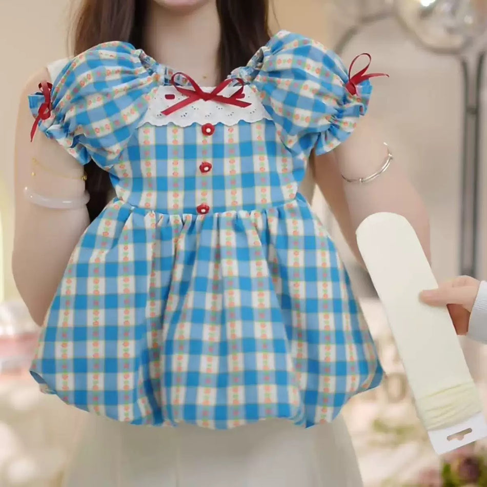 Girls Blue Plaid French Flower Bud Dress Summer