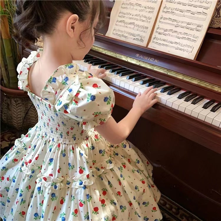 Girls Puff Sleeve Floral A-Line Dress Summer Fashion