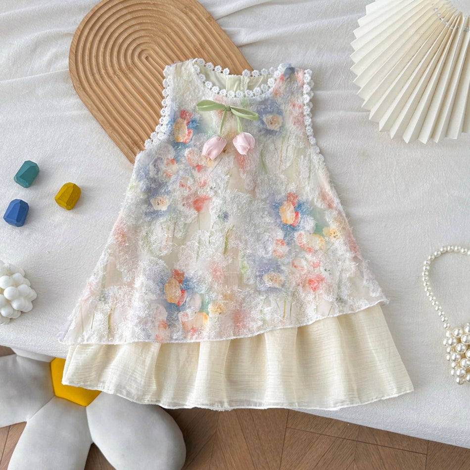 Girls Floral Vest Dress Summer Sleeveless Princess