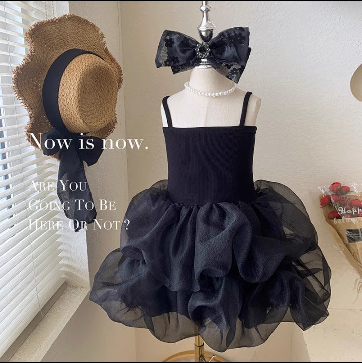 Girls Black Velvet Princess Dress Summer Han Fan