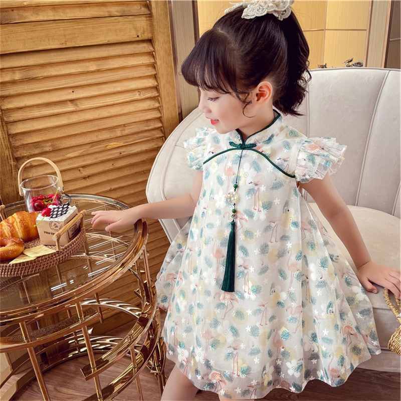 Girls Cheongsam Lace Dress Summer 2024 Fashion