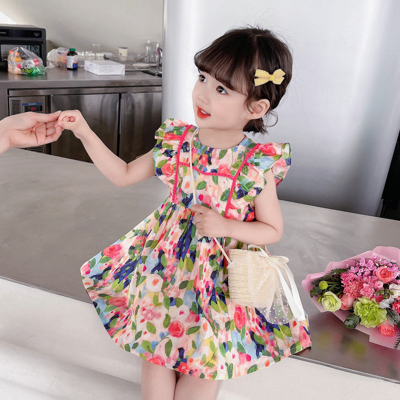 Girls Rose Cotton Flying Sleeve Princess Dress