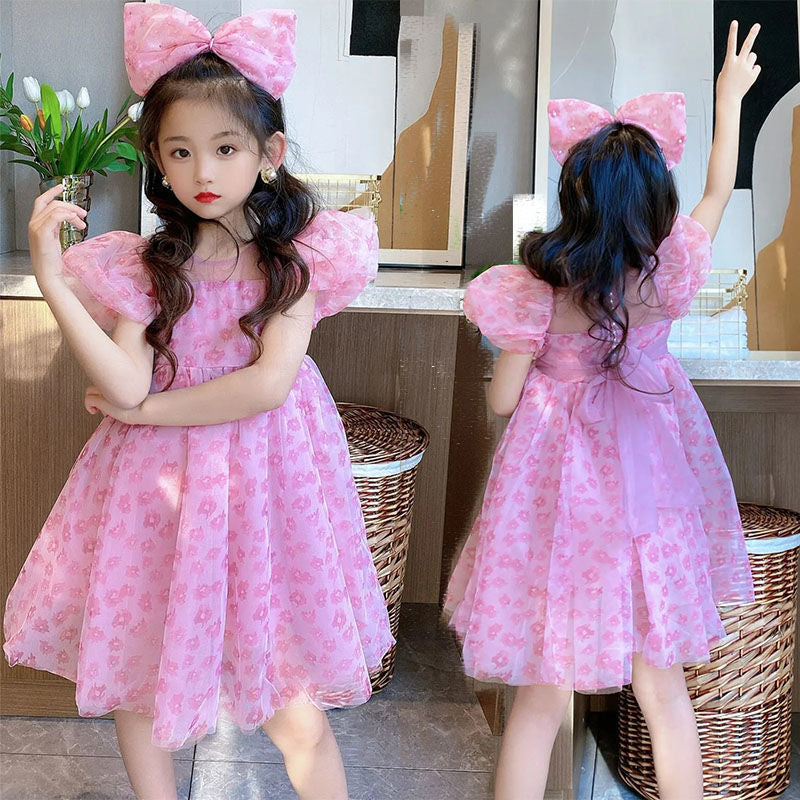 Girls Mesh Floral Puff Sleeve Princess Dress