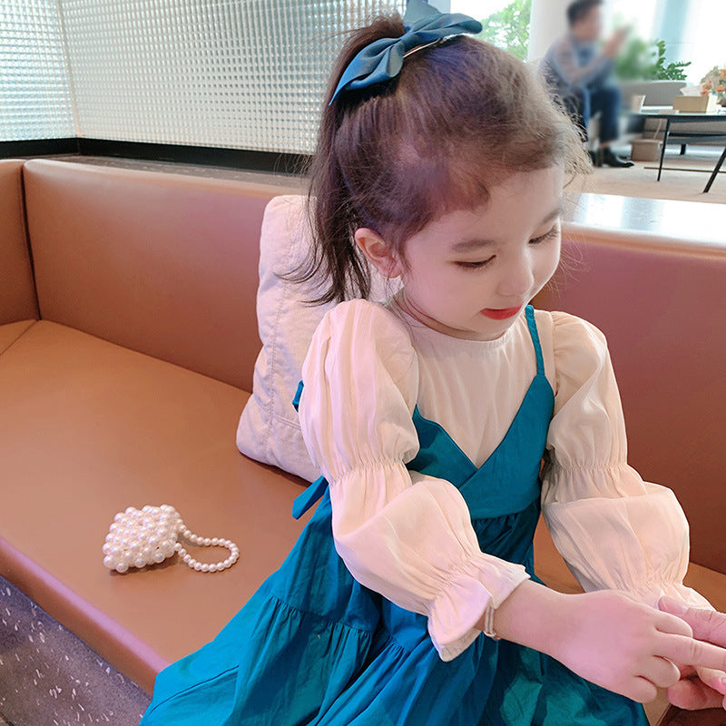 Girls Long Sleeve Fake Two-Piece Princess Dress