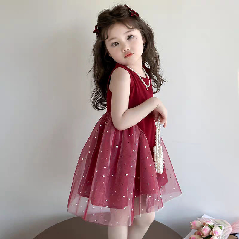 Girls Shiny Gauze Princess Dress Summer Western Style