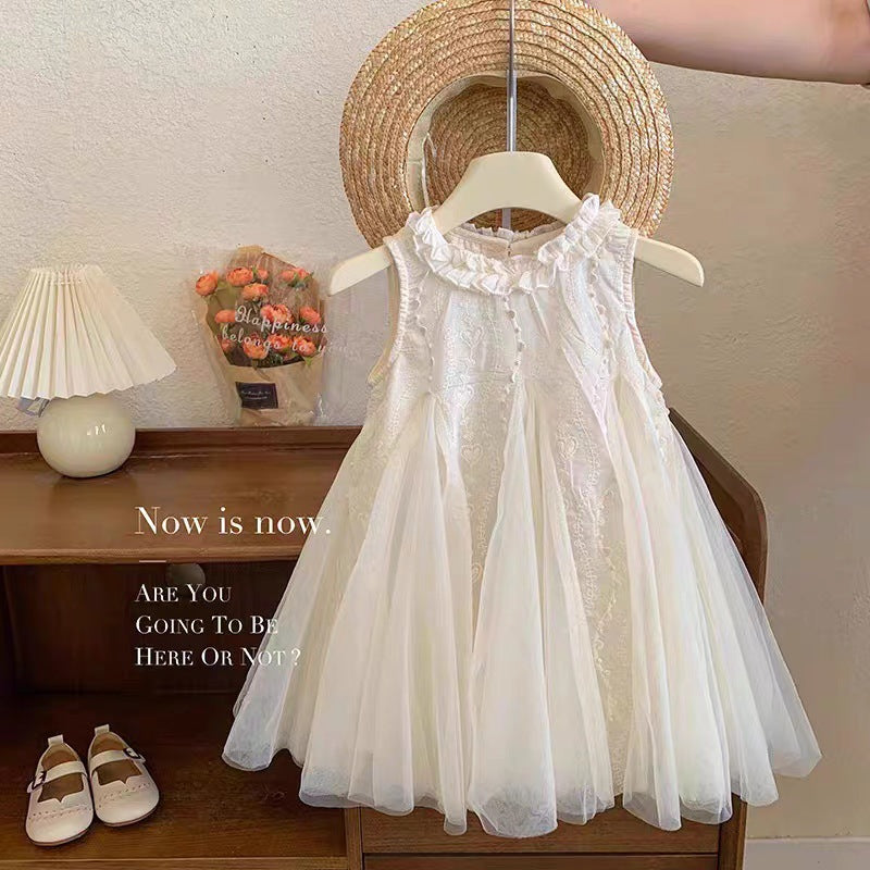 Girls Floral Collar Mesh Princess Dress Summer