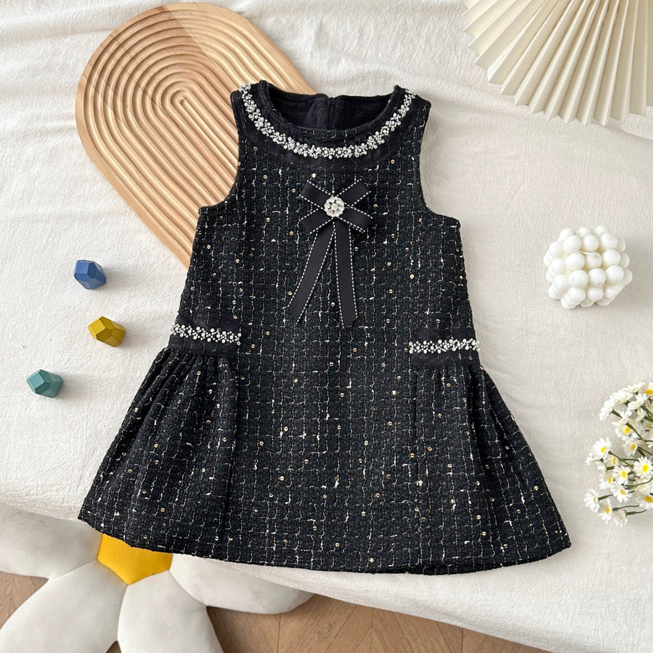 Girls Tweed Chanel Vest Dress Black Sequins Autumn Winter