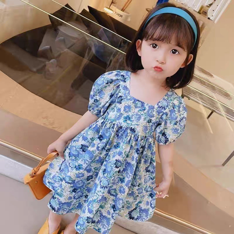 Girls Blue Floral Puff Sleeve Princess Dress Summer