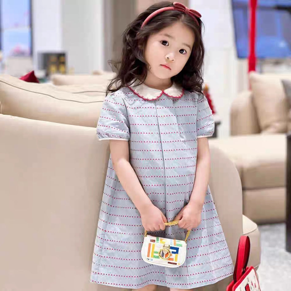 Girls Polka Dot Lapel Dress Light Blue Summer Style