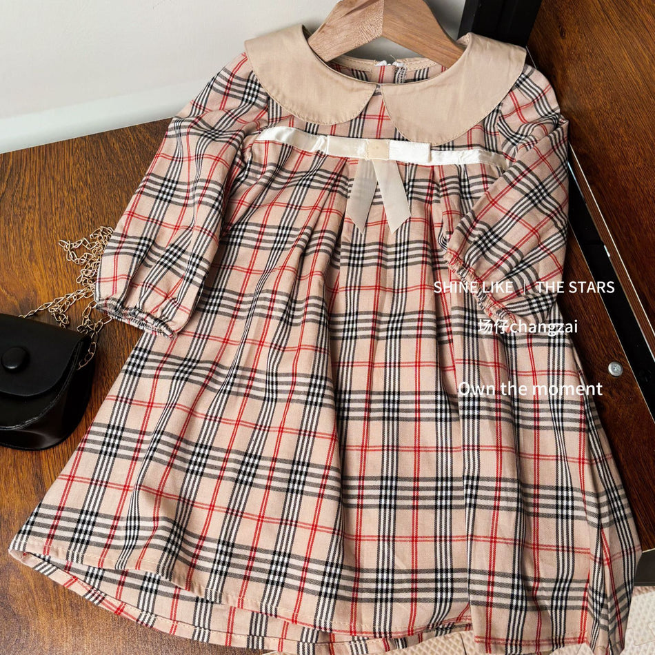 Girls Plaid Doll Collar Dress Autumn Princess Style