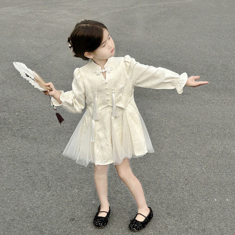 Girls Chinese Cheongsam Dress Gauze Tassel Spring 2024