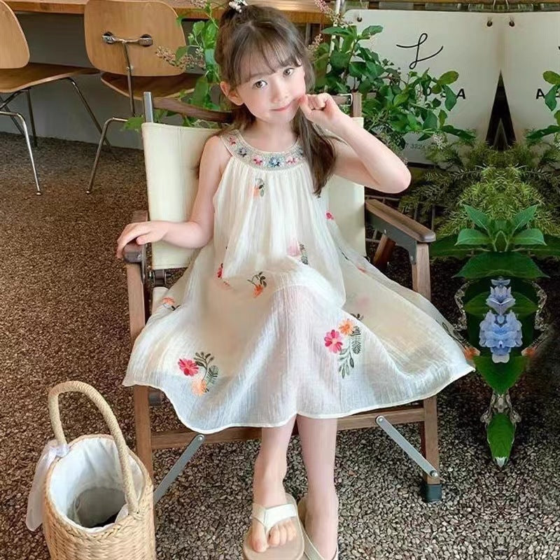 Girls Mesh Embroidered Strap Dress Summer Beach Style