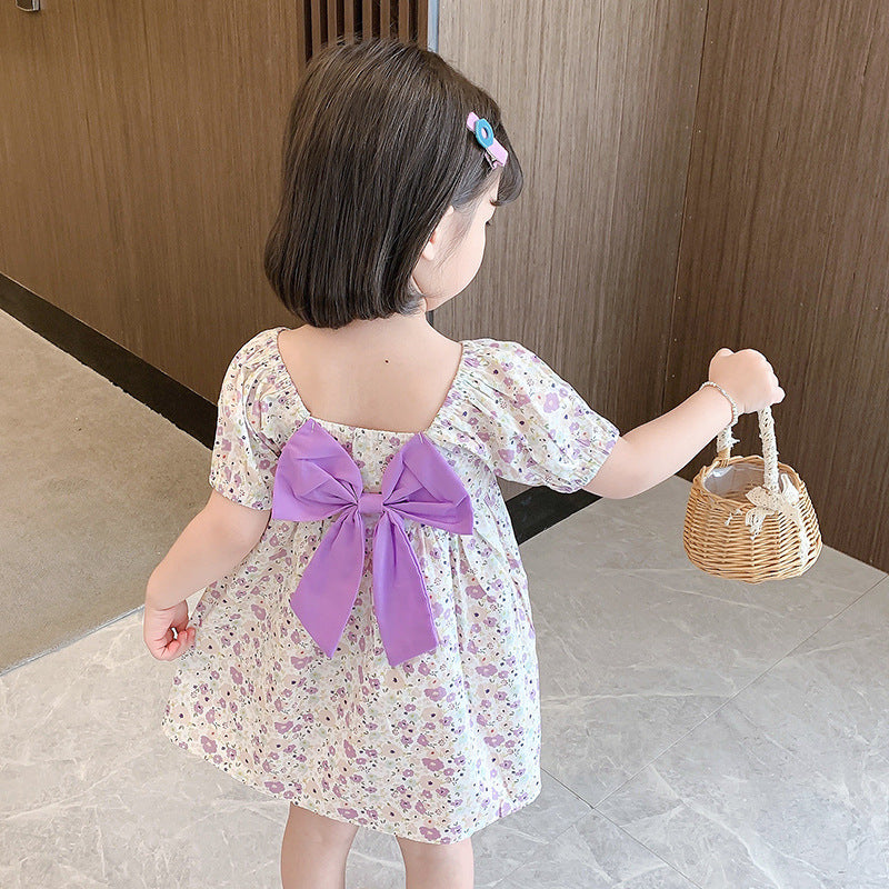 Girls Floral Bow Cotton Dress Summer 2024 Korean Style