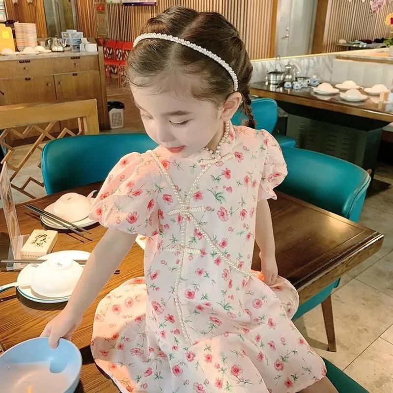 Girls Retro Cheongsam Hanfu Dress Summer Princess