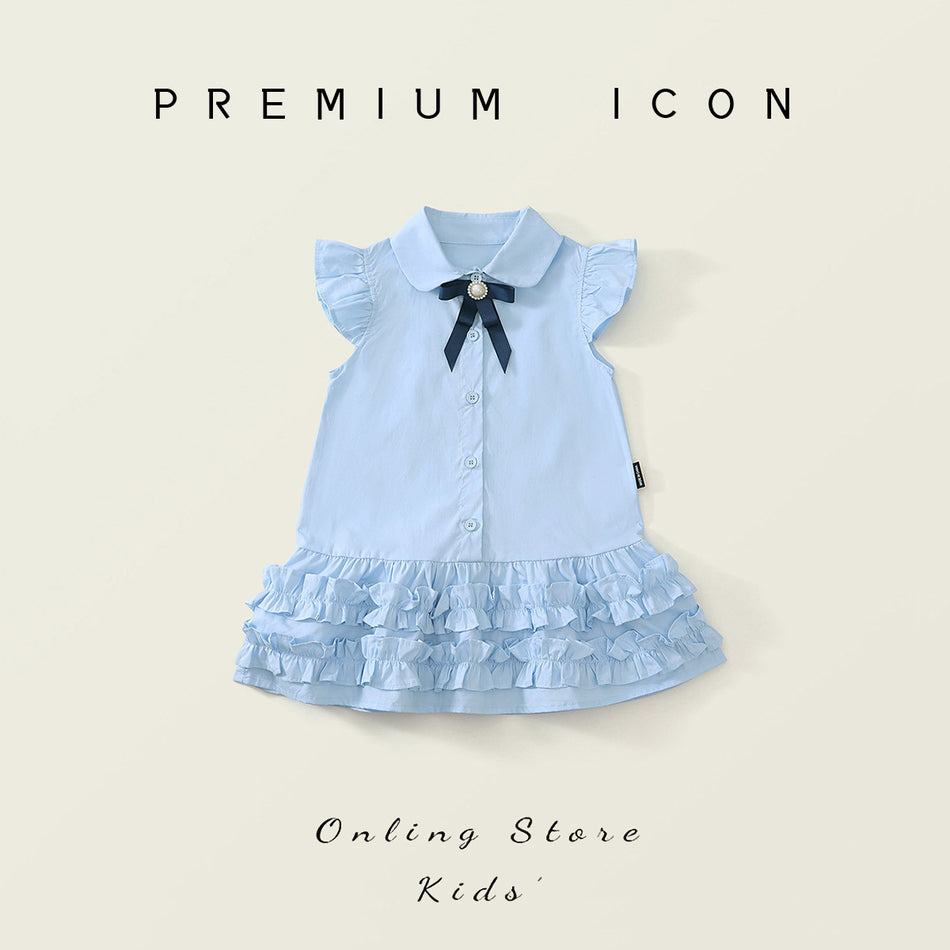 Girls Blue Bow Flying Sleeve Dress Summer 2025