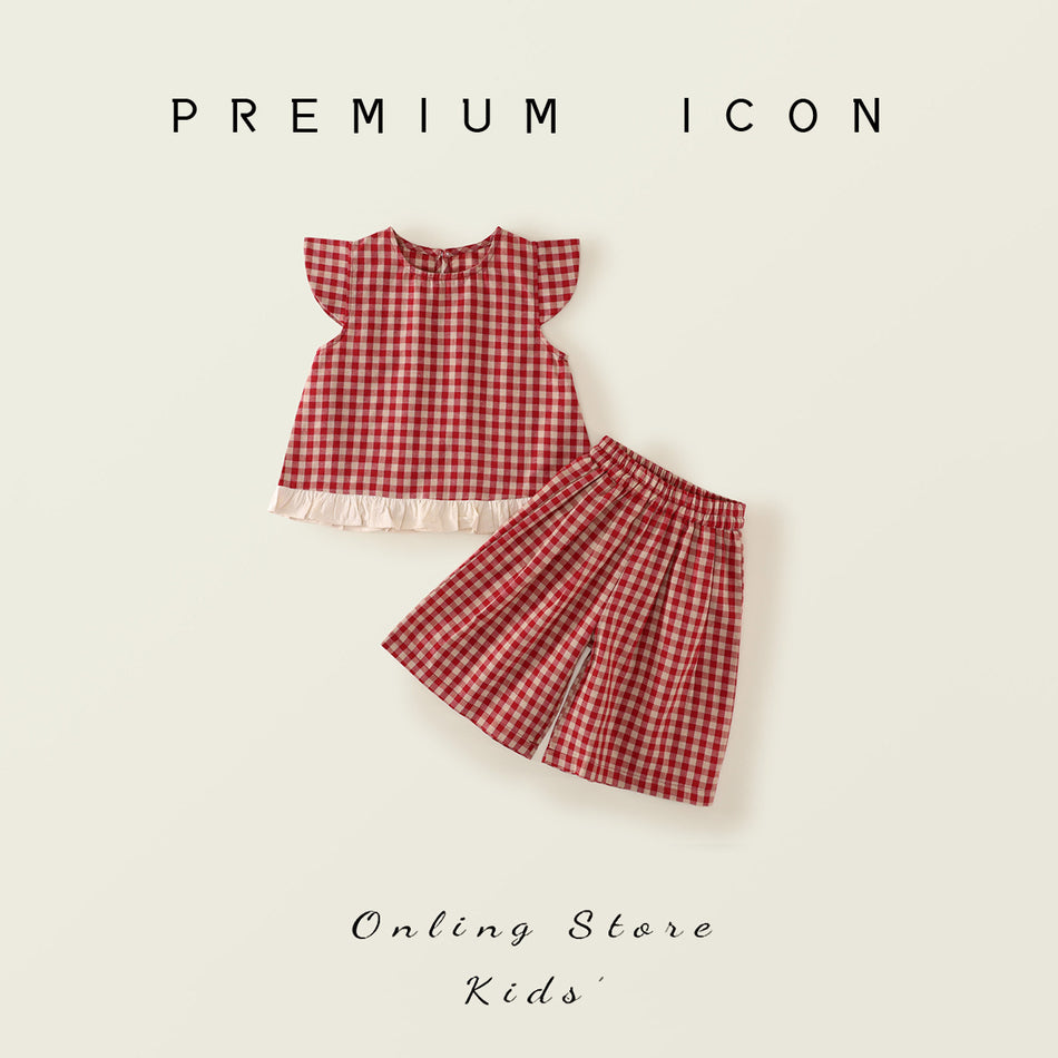 Girls Red Plaid Wide Leg Set Summer 2025 Korean Style