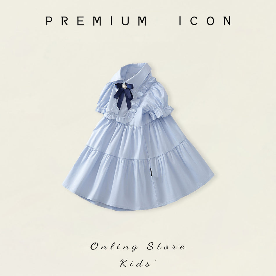 Girls Blue Bow Lapel Dress Summer 2026 Korean Style