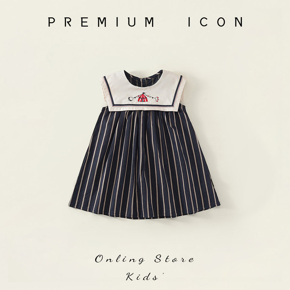 Girls Korean Striped Embroidered Dress Summer 2025